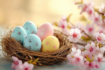 Obraz premium Decorated pastel Easter eggs in a bird nest surrounded by delicate pink cherry blossoms evoking a soft springtime atmosphere