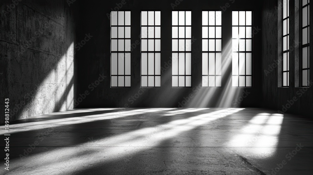 Poster light and shadow play in empty industrial space with tall windows