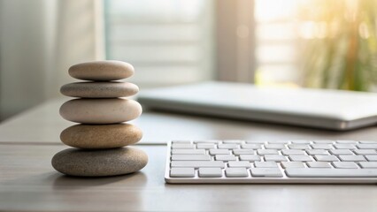 A stack of smooth stones beside a keyboard on a desk, symbolizing balance and tranquility in a modern workspace.