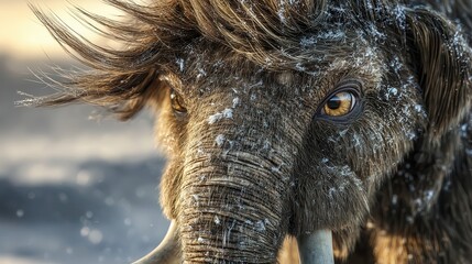 Fototapeta na wymiar Close-up of a woolly mammoth's face covered in frost.