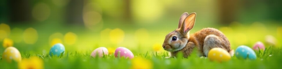 Fototapeta premium Easter eggs scattered around a resting bunny in a verdant field, spring meadow scene, nature photo