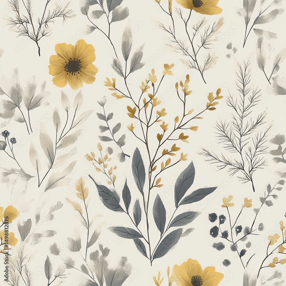 Poster delicate pattern of yellow and gray floral and leafy illustrations on a light background creating a 