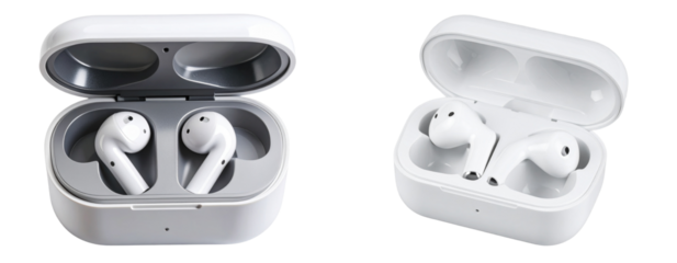 Sleek White Wireless Earbuds with Open Charging Case, isolated on transparent background PNG
