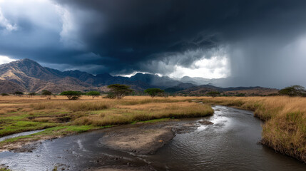 Fototapeta premium Expansive View of Wet Savanna Under Low Hanging Storm Clouds with Dramatic Lighting and Scenic Landscape