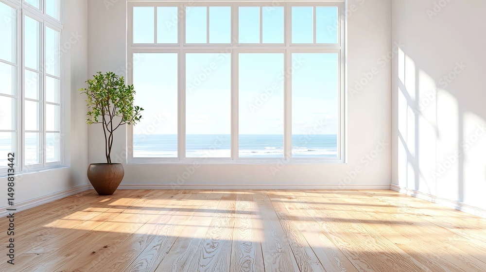 Poster bright and airy empty room with ocean view through large windows