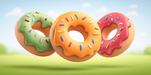Colorful Doughnut Delight: Three appetizing doughnuts, each adorned with vibrant icing and sprinkles.