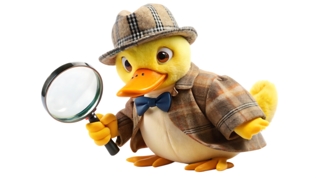 Detective duck with magnifying glass isolated on a white background