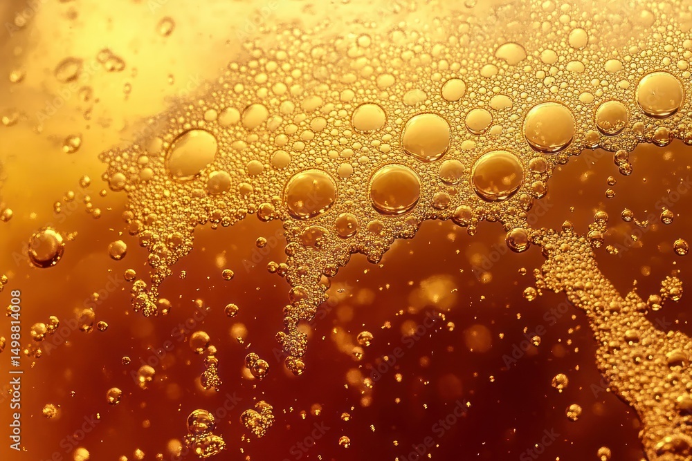 Aufkleber close-up of golden bubbles suspended in liquid with varying sizes creating a dynamic, textured patte
