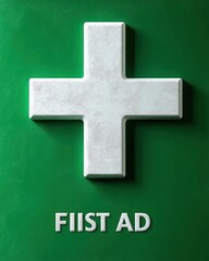 Obraz premium white three-dimensional medical cross symbol on green background with text below conveying a first aid theme