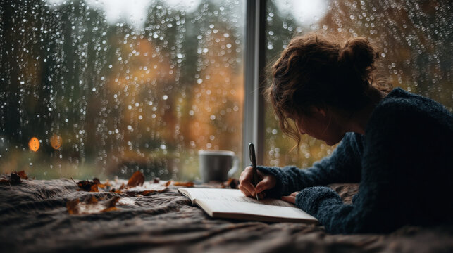 Young Woman Journaling in Bed with Raindrops on Window Surrounded by Autumn Colors and Cozy Atmosphere