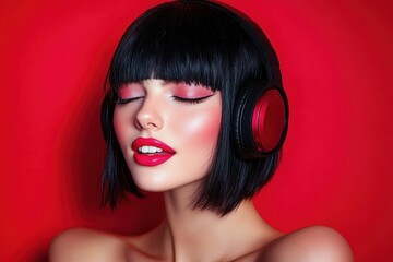 Portrait of a young woman with short black hair and bold makeup wearing large headphones against a vibrant red background, eyes closed enjoying music