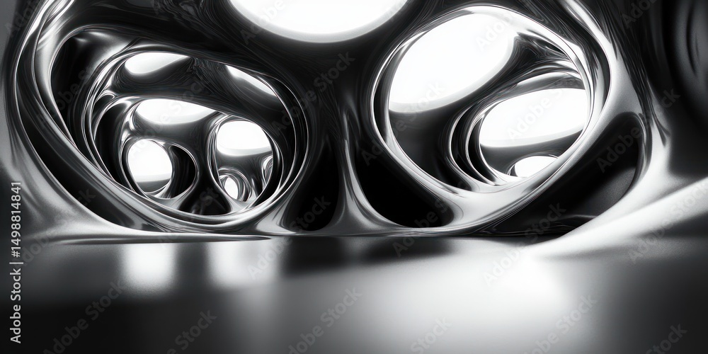 Aufkleber futuristic smooth metallic tunnel with fluid curved openings and reflective surfaces creating abstra