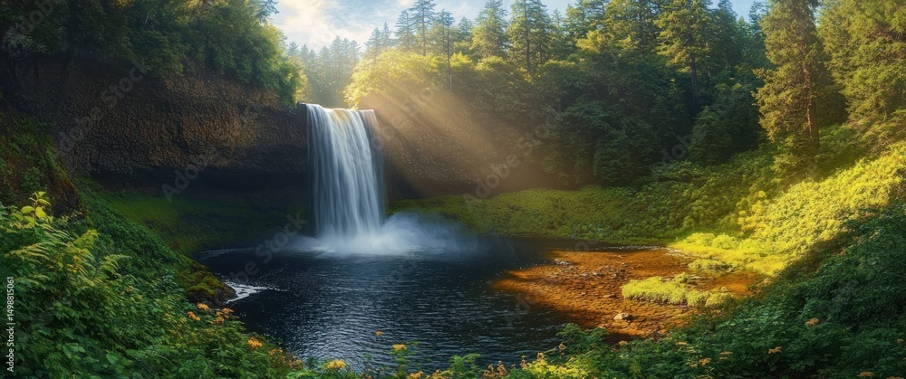 Aufkleber sunlight rays shining through trees onto a waterfall flowing into a calm pool surrounded by lush gre