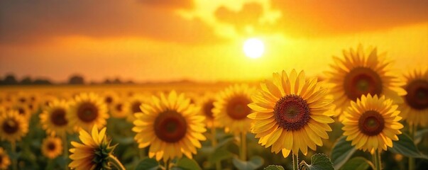 Obraz premium Vibrant yellow sunflowers ablaze under a scorching summer sun, radiating intense heat and energy Perfect for summer, warmth, and vibrant themes , sunflowers, dazzling, warm