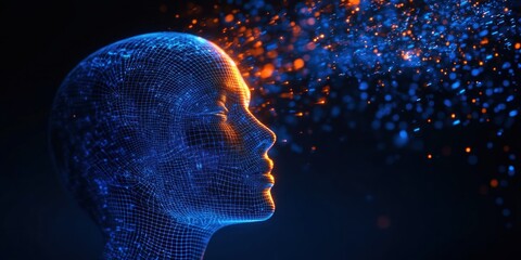 Profile of a human face composed of blue digital wireframe with glowing orange and blue particles emitting from the forehead area, symbolizing futuristic thinking or digital consciousness