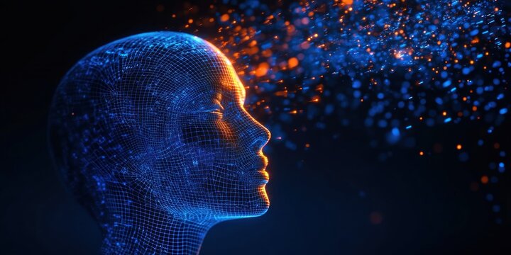 Profile of a human face composed of blue digital wireframe with glowing orange and blue particles emitting from the forehead area, symbolizing futuristic thinking or digital consciousness - Powered by Adobe