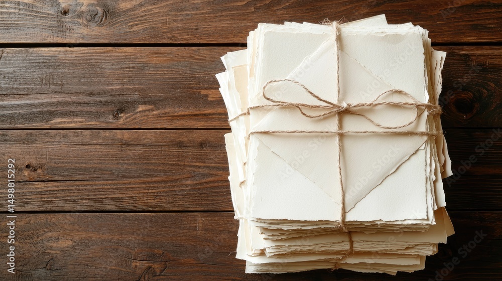 Poster rustic stack of blank sheets tied with twine on wooden surface
