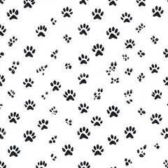 Seamless pattern of black animal paw prints on a white background symbolizing pets and wildlife