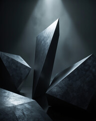 Abstract polygonal monoliths against a dark background bathed in an overhead light.