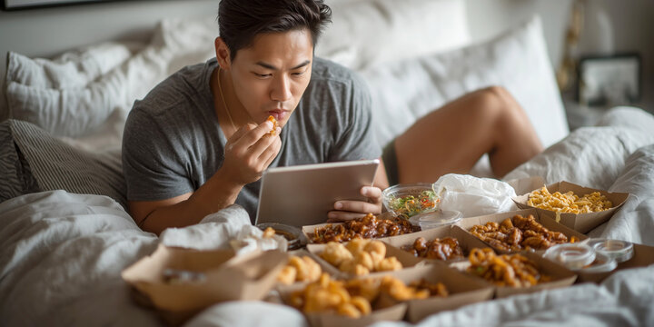 Asian young man eating delivery food on bed, relaxed, watching tablet with cozy atmosphere