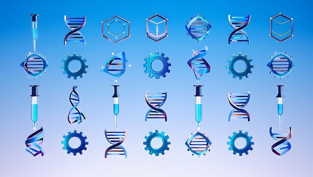 A collection of stylized science icons depicting dna, syringes, and molecular structures