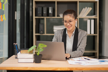 One Person Happy Asian Businesswoman Wearing Glasses Working In Office, Pretty Female Employee Using Modern Laptop