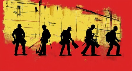 silhouettes of construction workers holding tools and equipment against a textured yellow and red background, evoking a sense of labor and teamwork