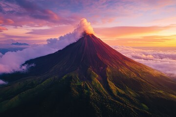Captivating sunset over a majestic volcano surrounded by vibrant clouds and lush greenery