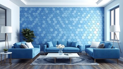 Living room, interior design, modern, contemporary, blue, hexagonal, honeycomb, wall panel, textured, 3D, geometric, pattern, mosaic, accent wall, stylish, elegant, chic, inviting, comfortable, spacio