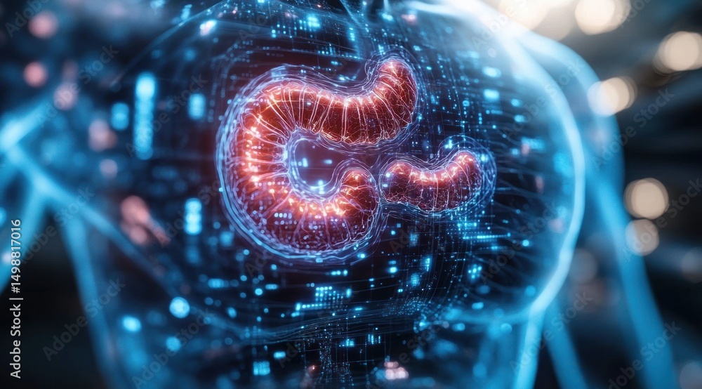 Poster futuristic digital visualization of a human digestive system glowing within a transparent torso fill