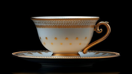 Fototapeta premium Elegant White Tea Cup with Gold Accents on Black Background