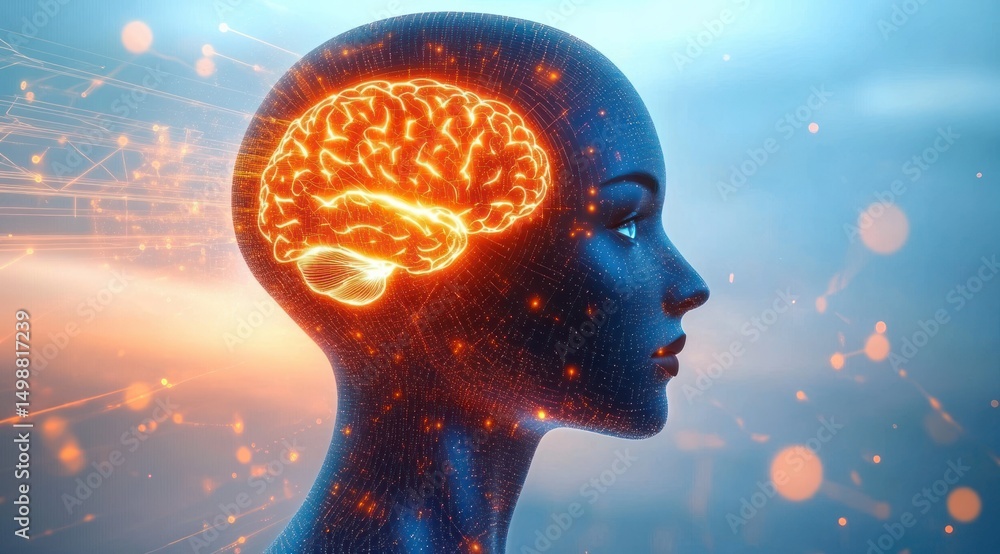 Poster profile of a female humanoid figure with a glowing digital brain highlighted inside the head, surrou