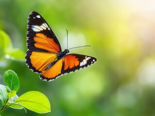Fototapeta premium Stunning Monarch Butterfly in Flight Over Green Leaves with Soft Lighting in Natural Habitat