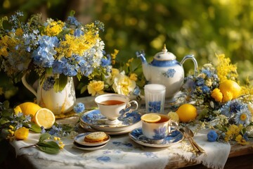 Elegant Blue and Yellow Tea Party Setting with Flowers and Lemons in a Sunlit Garden