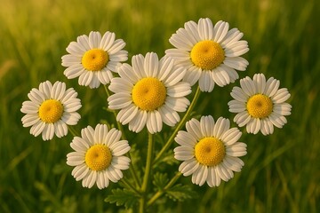 Fototapeta premium Close-Up of Delicate Feverfew Flowers in Full Bloom – Crisp White Petals Surrounding Bright Yellow Centers in a Lush Garden Setting