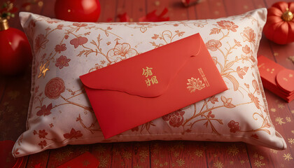 Red envelope (hongbao) being placed under a pillow, part of a traditional Chinese New Year ritual to bring good luck and fortune