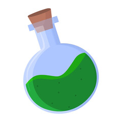 Vector glass bottle with Halloween green magic potion and cork stopper in flat style