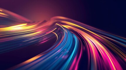 A dynamic swirl of neon blue, magenta, and golden business lines flowing across a dark gradient background, symbolizing innovation and speed, with a subtle glowing effect that enhances depth 