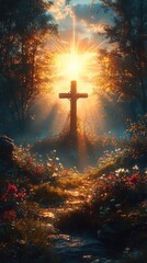 Wooden cross illuminated by radiant sunlight in a serene forest clearing with blooming flowers and soft glowing rays