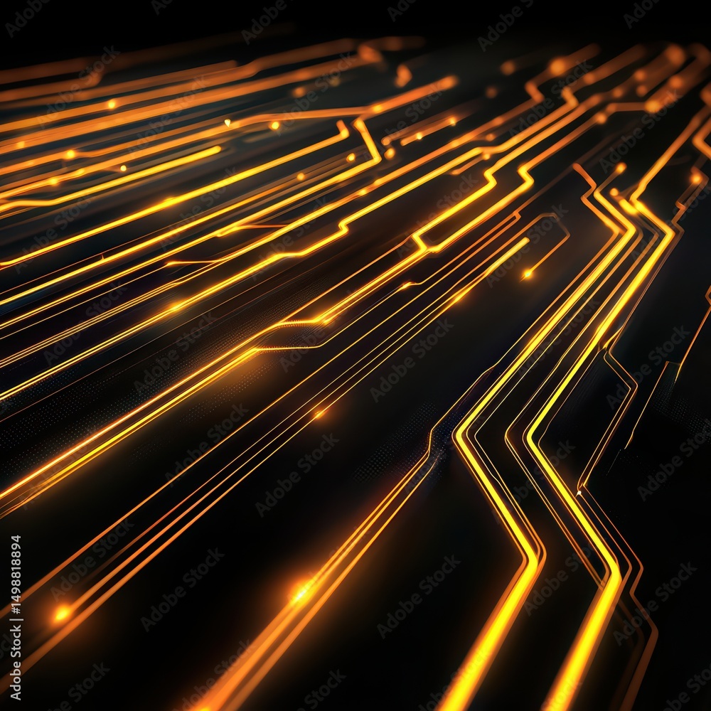 Poster futuristic abstract technology background with bright lines and glowing circuit patterns on dark sur