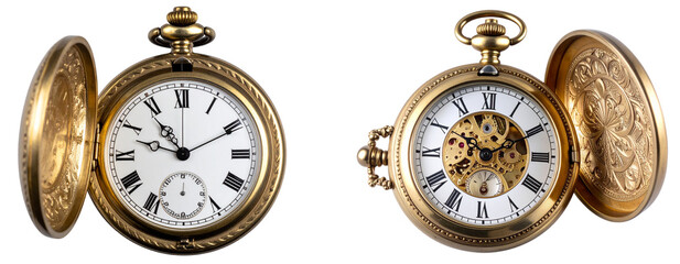  Classic Brass Pocket Watch with Roman Dial and Ornate Cover, Transparent Background PNG