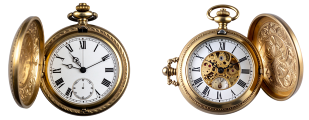  Classic Brass Pocket Watch with Roman Dial and Ornate Cover, Transparent Background PNG