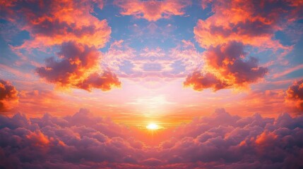Fototapeta premium Vibrant sunrise or sunset above a sea of clouds with fiery orange and pink hues illuminating the sky and dramatic cloud formations creating a symmetrical scene