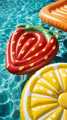 Summer vacation, travel tourism concept. Colorful inflatable floats in a turquoise rippling water. Red, yellow and orange colors. Generated image.