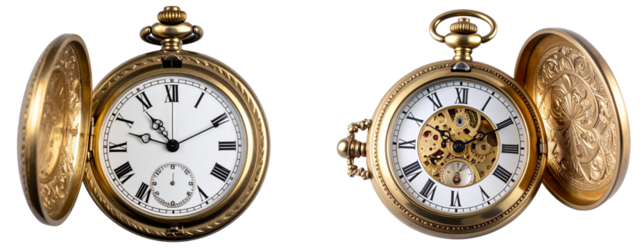  Classic Brass Pocket Watch with Roman Dial and Ornate Cover, Transparent Background PNG - Powered by Adobe