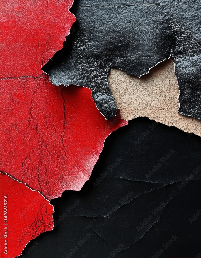 Aufkleber abstract torn layered textured surfaces with red, black, dark gray, and beige colors creating sharp 