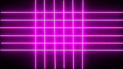 Horizontal neon linefrom right to left on black screen. Abstract glowing neon lights blinking lines 