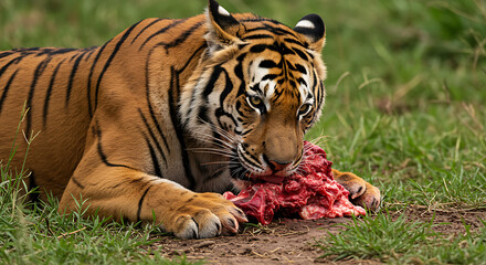 Sumatran tiger enjoying fresh meat in forest background and lying on grass