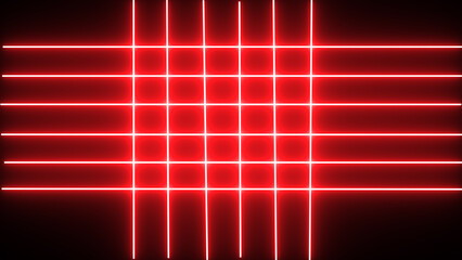 Horizontal neon line from right to left on black screen. Abstract glowing neon lights blinking lines 