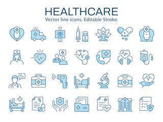 Healthcare icons, such as medicine, care, doctor, treatment and more. Vector illustration isolated on white. Editable stroke. Change to any size and any color.